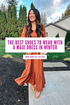 Shoes For Flowy Dresses, Flats With Long Dress, Boho Maxi Dress With Boots, Winter Dress Shoe, Long Maxi Dress With Boots, Cold Weather Dress Shoes, Shoes For Fall Dress, Fall Shoes With Maxi Dress, Shoes With Long Maxi Dress Winter