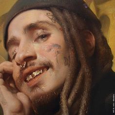 a painting of a man with dreadlocks and piercings on his face is shown