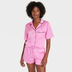 Shorts Pajama Set, Pink M, Womens Pyjama Sets, Satin Pajamas, Notch Collar, Collar Top, Short Pajama Set, Knit Shorts, Pajama Shorts