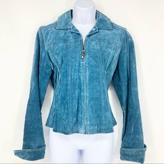 Ami Small Turquoise Blue 100% Leather Washable Suede Full Zip Collar Jacket Nwt! Beautiful Color And So Cute And Sexy. Im Pretty Sure This Is Vintage As I’ve Had It Hanging In My Closet For A Good 20 Years. I Love It I Just Don’t Ever Wear It. It Came From Goody’s Back When I Was In High School. Gold/Brass Accent Studs/ Buttons. Perfect With Jeans Or To Dress Up With Business Attire, Etc. Thanks For Shopping ! Fitted Blue Leather Jacket With Pockets, Turquoise Outerwear For Work In Fall, Turquoise Long Sleeve Outerwear For Spring, Turquoise Long Sleeve Outerwear For Work, Chic Blue Long Sleeve Leather Jacket, Blue Long Sleeve Leather Jacket For Spring, Leather Coat Jacket, Fringe Leather Jacket, Zip Collar