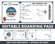 an airplane boarding pass is shown with the words happy birthday to you, your boarding pass