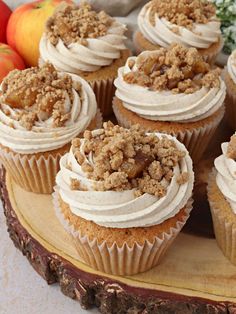 apple crumble cupcakes on a wooden platter