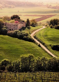 an old farm house sitting on top of a lush green hillside next to a dirt road