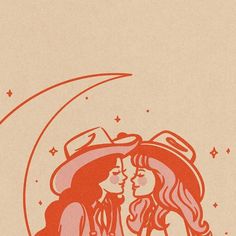 two women are kissing in front of the moon with hats on their heads and one is wearing a cowboy hat