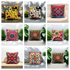 six different images of decorative pillows with flowers and animals on them, all in bright colors