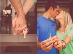 two people holding keys to each other in front of a birdhouse and a dog house