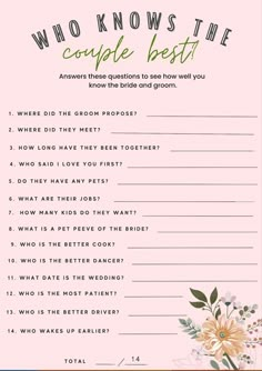 a printable wedding game with flowers and the words who knows the couple best?