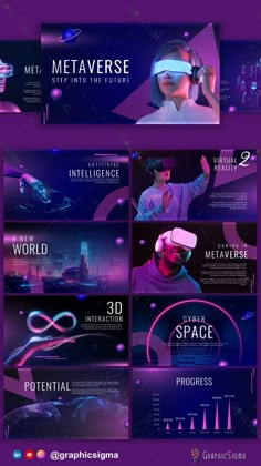 the futuristic presentation slideshow is shown in purple and blue colors