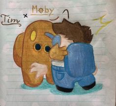 a child's drawing of a man hugging a teddy bear in front of him