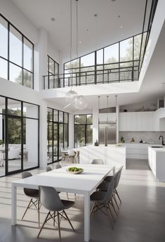 a large white table with chairs around it in the middle of an open floor plan