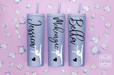 three personalized stainless steel tumblers with ballet designs