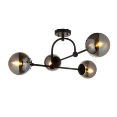 three lights are hanging from the ceiling in this modern style chandelier, which is black and chrome