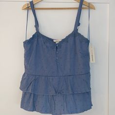 Blue Flowy Tank Top With Adjustable Straps. Never Worn With Tag. Blue Cotton Tank Top With Ruffles, Blue Babydoll Top, Flowy Tank Tops, Babydoll Top, Flowy Tank, Baby Dolls, Adjustable Straps, Color Blue, Tank Top