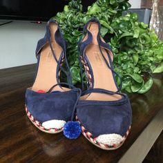 Blue Suede Wedge Shoes With Beaded Heel, Wraparound Straps, 3 1/2” Heels. Aquazzura Shoes, Suede Wedges, Blue Suede, Womens Shoes Wedges, Wedge Shoes, Wedge Sandals, Wedges, Sandals, Women Shoes