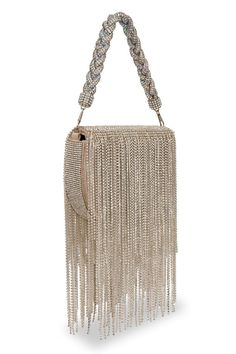 Silver faux leather clutch with crystal embellishments. Comes with a short handle and a long sling chain. - Aza Fashions Luxury Bags With Rhinestone Fringe, Luxury Party Bags With Rhinestone Fringe, Elegant Evening Bags With Rhinestone Fringe, Glamorous Embellished Evening Bag With Top Handle, Glamorous Embellished Top Handle Evening Bag, Glamorous Clutch With Detachable Top Handle, Luxury Embellished Clutch For Night Out, Glamorous Formal Evening Bag With Rhinestone Fringe, Embellished Clutch