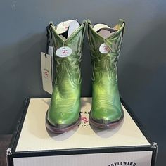 These Are Soooo Fun! I Bought Them For A Concert I Didn’t End Up Going To And It Pains Me That They Sit Unworn In My Closet :( New With Tags, Never Worn! (For Size Reference I Am A True 7 But Usually Size Up In Pointed Toe Boots Because They’re Easier To Get On) Green Leather Summer Boots, Green Leather Boots For Summer, Green Snip Toe Boots For Spring, Summer Green Boots With Round Toe, Green Round Toe Summer Boots, Summer Festival Snip Toe Boots, Miranda Lambert Boots, Distressed Brown Leather Boots, Black Leather Cowboy Boots