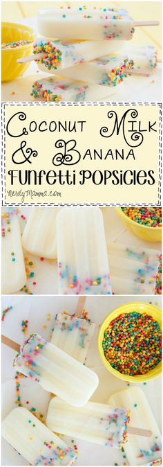 coconut milk and vanilla fudge popsicles with sprinkles on the side