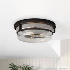 a ceiling light in a living room with a potted plant on the table next to it