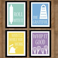 four different types of posters on a wooden wall with the words be grateful, whip it good