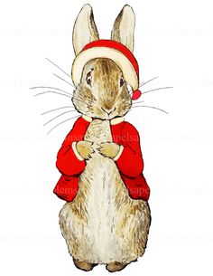 a watercolor drawing of a rabbit wearing a santa hat and holding his hands together