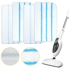 three different types of cleaning pads on top of a white surface with blue and white stripes