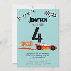 a birthday card with a race car on the front and number four on the back