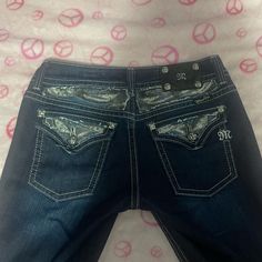 Cute Nwot Miss Me Jeans Like Brand New No Damages Blue With Zebra Ish Design On The Back Y2k Style Mid-rise Blue Bottoms, Y2k Blue Mid-rise Bottoms, Y2k Style Blue Mid-rise Bottoms, Blue Y2k Mid-rise Bottoms, Blue Mid-rise Y2k Style Pants, Fitted Y2k Blue Pants, Fitted 90s Style Blue Bottoms, Trashy Clothes, Trashy 2000s