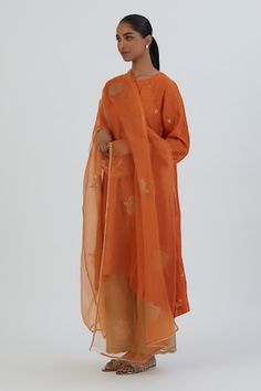 Burnt orange asymmetric hem A-line kurta with floral sequin and zardozi buttis all-over. Comes with scalloped embroidered hem beige pant. - Aza Fashions Spring Festive Orange Dupatta, Embroidered Hem, A Line Kurta, Beige Pants, Pant Set, Embroidered Silk, Set For Women, Aza Fashion, Asymmetric Hem