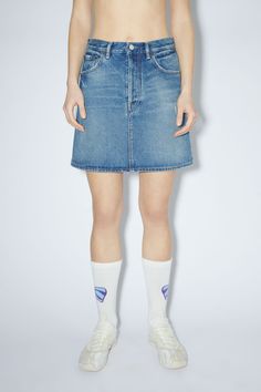 Acne Studios mid blue denim mini skirt is cut to a relaxed a-line silhouette with a high rise and mid-thigh length. FN-WN-SKIR000318 Acne Denim, Blue Denim Mini Skirt, Blue Mini Skirt, Denim Details, Denim Mini, Denim Mini Skirt, Childrens Shoes, Cotton Style, Denim Fashion