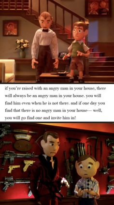 two cartoon characters standing next to each other in front of a red room with stairs