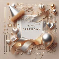 a happy birthday card with gold and silver balloons, ribbons, and other festive items