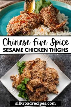 chicken thighs with sesame seeds and rice on a blue plate next to the same image