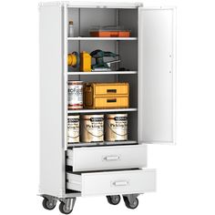 a white cabinet with two drawers on wheels