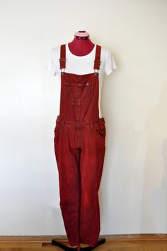 Item# 230316 I have been dying denim regularly - I just started dying other items like these overalls.  They have been a big hit! ABOUT OVERALLS: Overalls are loose fitting. The waist measurement is about 1-2 inches larger than what you would normally wear.  Adult Small 32-34" waist.  Medium 34-36" waist,  Large 36-38 waist  XL are 38-42 waist.  Details: Upcycled Cotton Overalls "Mossimo" Brand 99% Cotton/1%Spandex Mock Fly  Dyed  Scarlet Red Size Small Measurements:   Size Small 32" Waistline Overall Pants, Womens Overalls, Red Overalls, White Overalls, Cotton Overalls, Overalls Men, Monochrome Outfit, Bib Overalls, Waist Measurement