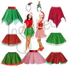 two girls wearing christmas costumes and one girl in santa's hat, with red and green skirts