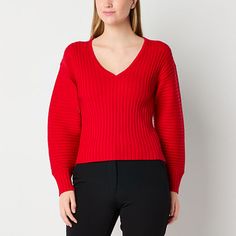 Worthington knows how to design essentials to flatter your silhouette, like this cold-weather essential women's sweater. Made from soft ribbed-knit, it has a v-neckline, balloon long sleeves, and looks great with everything from a tailored pants, skirts, jeans or leggings.Closure Type: Pullover HeadFit: Modern FitNeckline: V NeckSleeve Length: Long SleeveSleeve Style: Balloon SleeveApparel Length: 26 InchesFiber Content: 50% Rayon, 28% Polyester, 22% NylonFabric Description: KnitCare: Machine Wa Skirts Jeans, Design Essentials, Long Sleeve Pullover Sweater, Large Sweaters, Small Sweater, Women's Sweater, Pullover Sweater Women, Tailored Pants, Red Sweaters