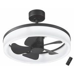 the ceiling fan is black and white with two blades on each blade, which are attached to an extension cord