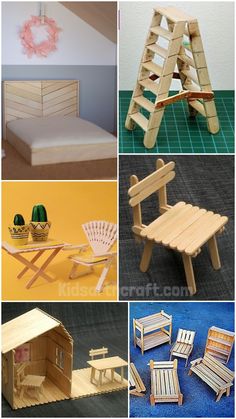 wooden furniture made out of plywood and wood planks is shown in several different pictures