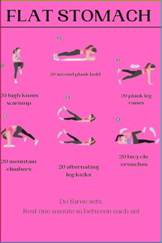 a pink poster with the instructions for how to do a flat stomach and six different exercises