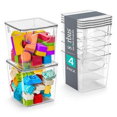 two clear storage containers filled with legos and building blocks next to each other on a white background