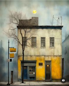 a painting of a yellow building with a tree in the foreground and a street light next to it