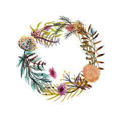 a watercolor wreath with flowers and leaves