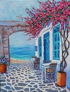 an oil painting of a patio with flowers on it