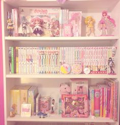 a book shelf filled with lots of toys