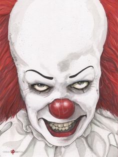 a drawing of a creepy clown with red hair and white makeup on it's face