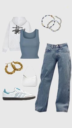 Adidas sambas halo blue, skims tank, baggy jeans, Stussy hoodie, gold hoop earrings, beaded bracelets, white shoulder bag Haircut Fails, Adidas Samba Outfit, Stussy Hoodie, Bald Patches, Samba Outfit, Adidas Sambas, Style Tips, Adidas Samba, Adidas