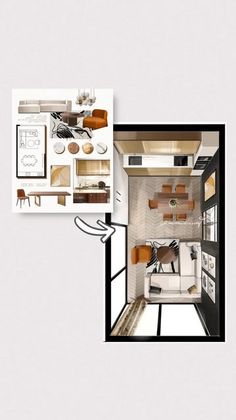 an overhead view of a small apartment with the kitchen and living room separated by two separate rooms