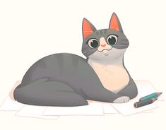 a gray cat laying on top of paper next to a green marker and pencils