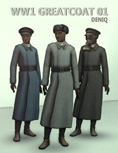 three men in uniforms standing next to each other with the caption ww1 greatcoat 01 denq