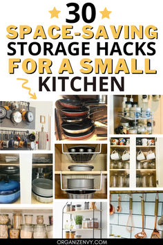 Save precious space in a small kitchen with 30 tips, tricks and hacks to organize every inch! Ideas for kitchen cabinet storage, kitchen drawer organization, decluttering kitchen counters and more. How To Organize Under Kitchen Sink, Organize Under Kitchen Sink, Small Apartment Kitchen Storage Ideas, Apartment Kitchen Storage Ideas, Kitchen Hacks Diy, Apartment Hacks Organizing, Small Apartment Hacks, Small Kitchen Hacks